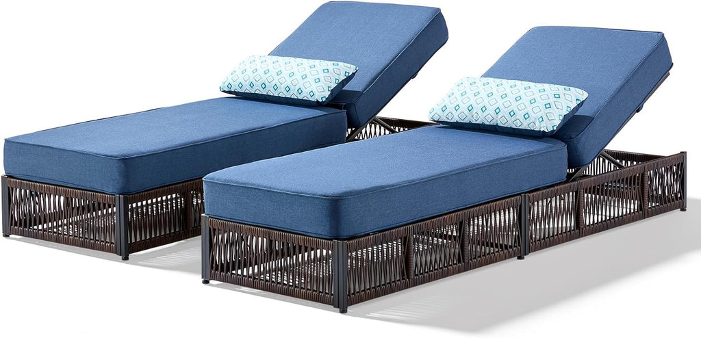 Outdoor Chaise Lounge Chairs Set of 2 with 5-Inch Thick Cushions, 5-Levels Adjustable Reclining Lounger, Wicker Patio Recliners Pool Chair, Sunbathing Lounger for Outdoor, Backyard, Poolside - Blue