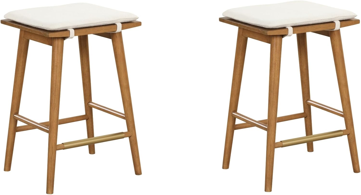 Nathan James Barker Counter Height Solid Wood Barstool with Upholstered Cushion, Backless Island Stool with Rubberwood Legs and Natural Textured Linen Upholstery for Kitchen, Brown/White, Set of 2