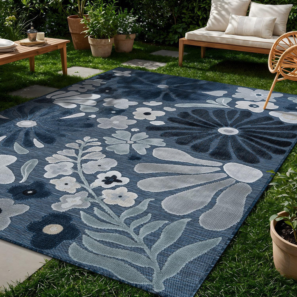 Beverly Rug Outdoor Rug 6x9 Modern Floral Tropical Area Rugs for Outdoor and Indoor Patio Easy to Clean Non Shedding Living Room Porch Garden Washable Outside Carpet (6 x 9 Navy)