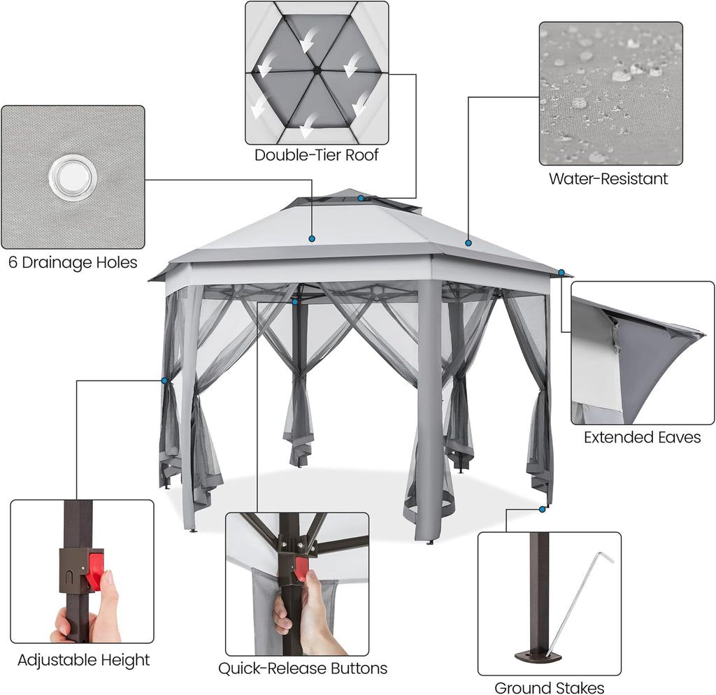 Yaheetech 13x13 Pop up Gazebo, Hexagonal Outdoor Canopy Shelter, Instant Patio Gazebo Sun Shade Canopy Tent with Double Tiers & Mesh Netting for Lawn, Garden, Backyard & Deck, Gray