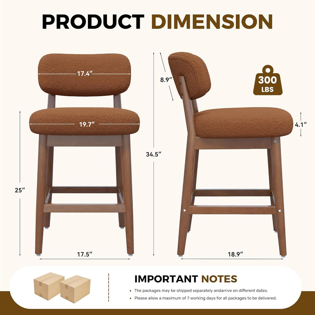 Counter Height Bar Stools Set of 2, Mid-Century Modern Boucle Bar Chairs with Solid Wood Frame, Upholstered Stools with Backrest for Kitchen Island, Home Bar, Caramel Brown