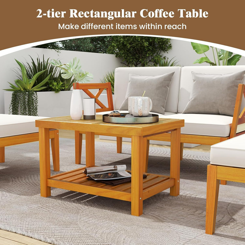 HAPPYGRILL 5 Pieces Acacia Wood Patio Chaise Lounge Chair Set with Ottoman, Outdoor Patio Furniture Set with Cushions and 2-Tier Coffee Table, Outdoor Sectional Conversation Sofa Set for Garden