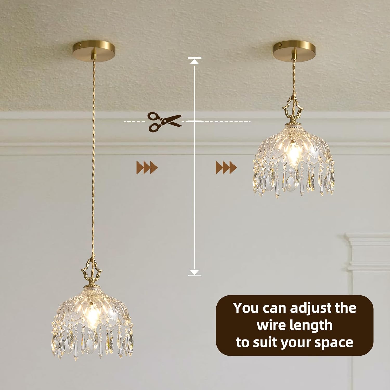 Vintage Small Crystal Pendant Lights - Brass Gold Clear Glass Mini Adjustable Hanging Kitchen Island Chandelier set of 2,Unique Flower Art Deco for Bathroom Bar Bedroom Dining Room Hallway Closet Sink