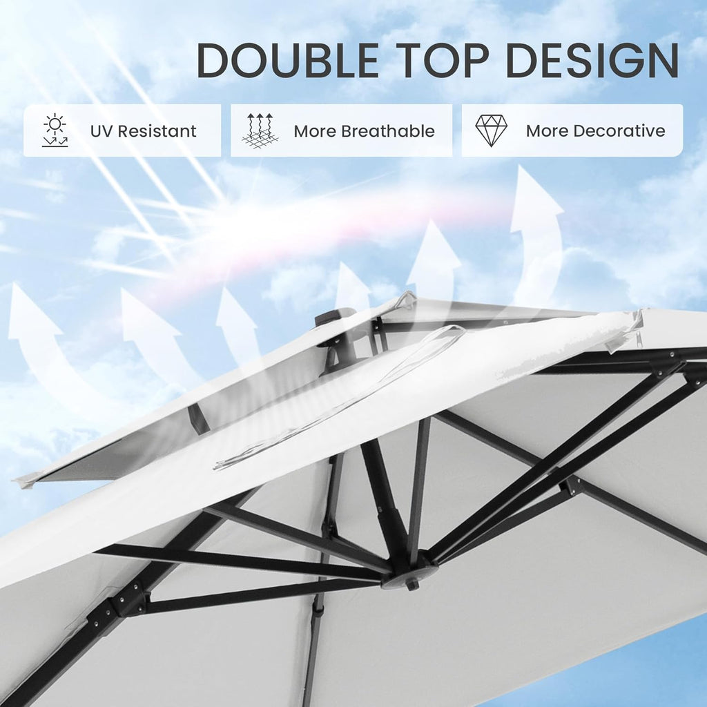 10x10 FT Cantilever Patio Umbrella Double Top Outdoor Square Large Heavy Duty Aluminum Offset Umbrellas with 7 Level Tilt 360-degree Rotation for Pool Garden Deck, Fog Grey