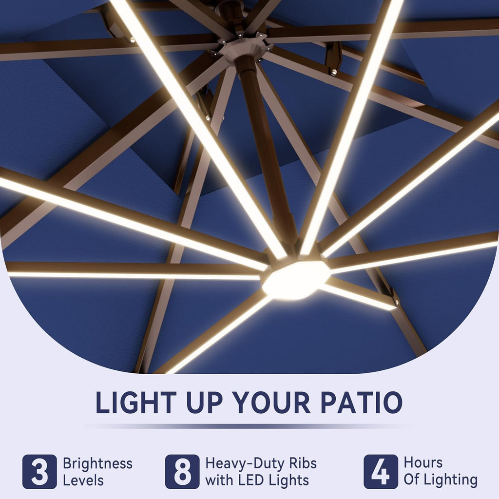 10 X 13 FT Cantilever Outdoor Patio Umbrella with LED Lights Large Heavy Duty 360° Rotation Double Top Offset Rectangular Umbrellas for Backyard Garden Pool Outside Deck, Navy