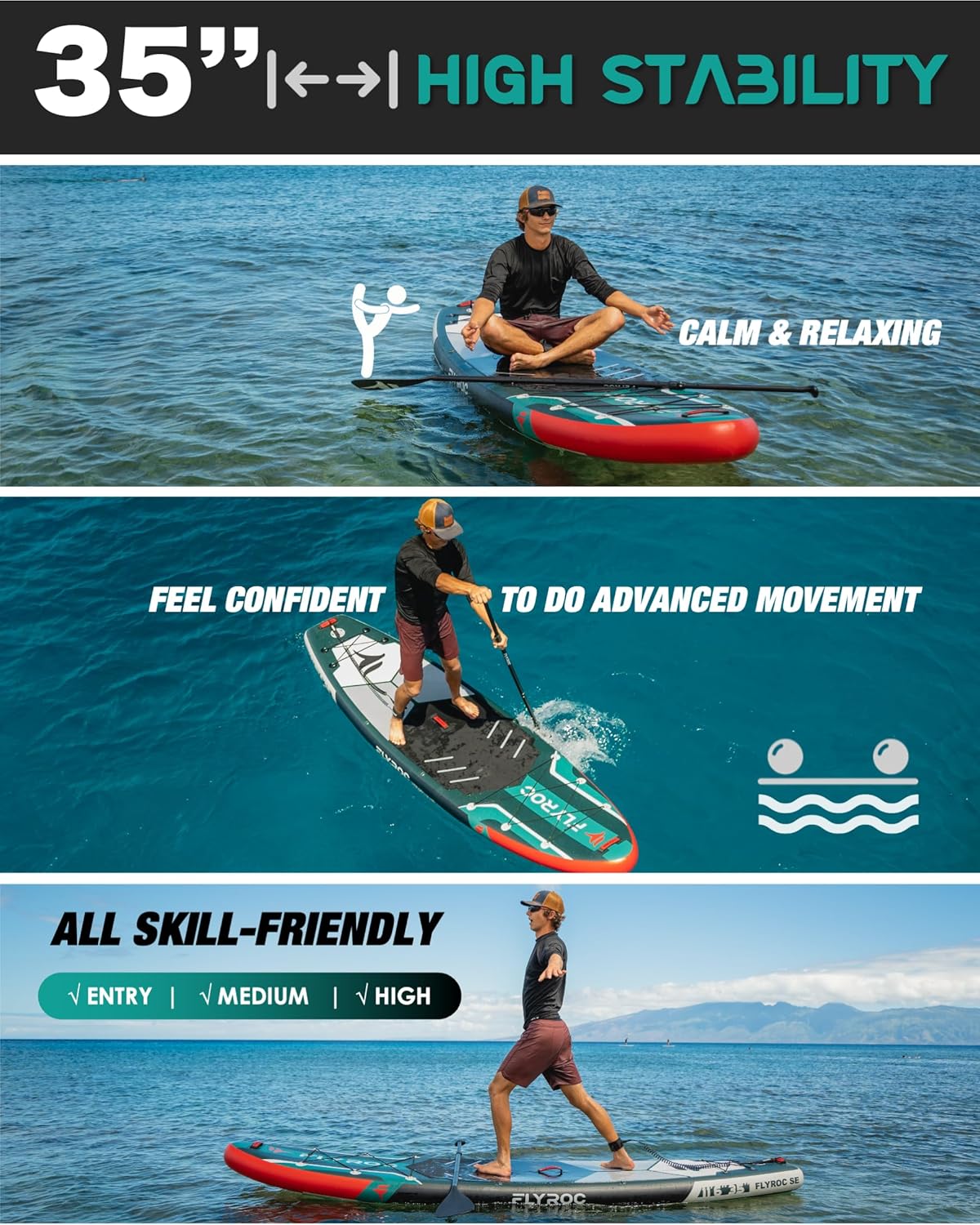 11'6x35'' Extra Wide Inflatable Paddle Board, 450lb Capacity Stand Up Paddle Board for Adults (x3), Stable Inflatable SUP, All Skill Levels, 3 Handles, 100L Backpack, 3PCS Paddle, 5L Dry Bag
