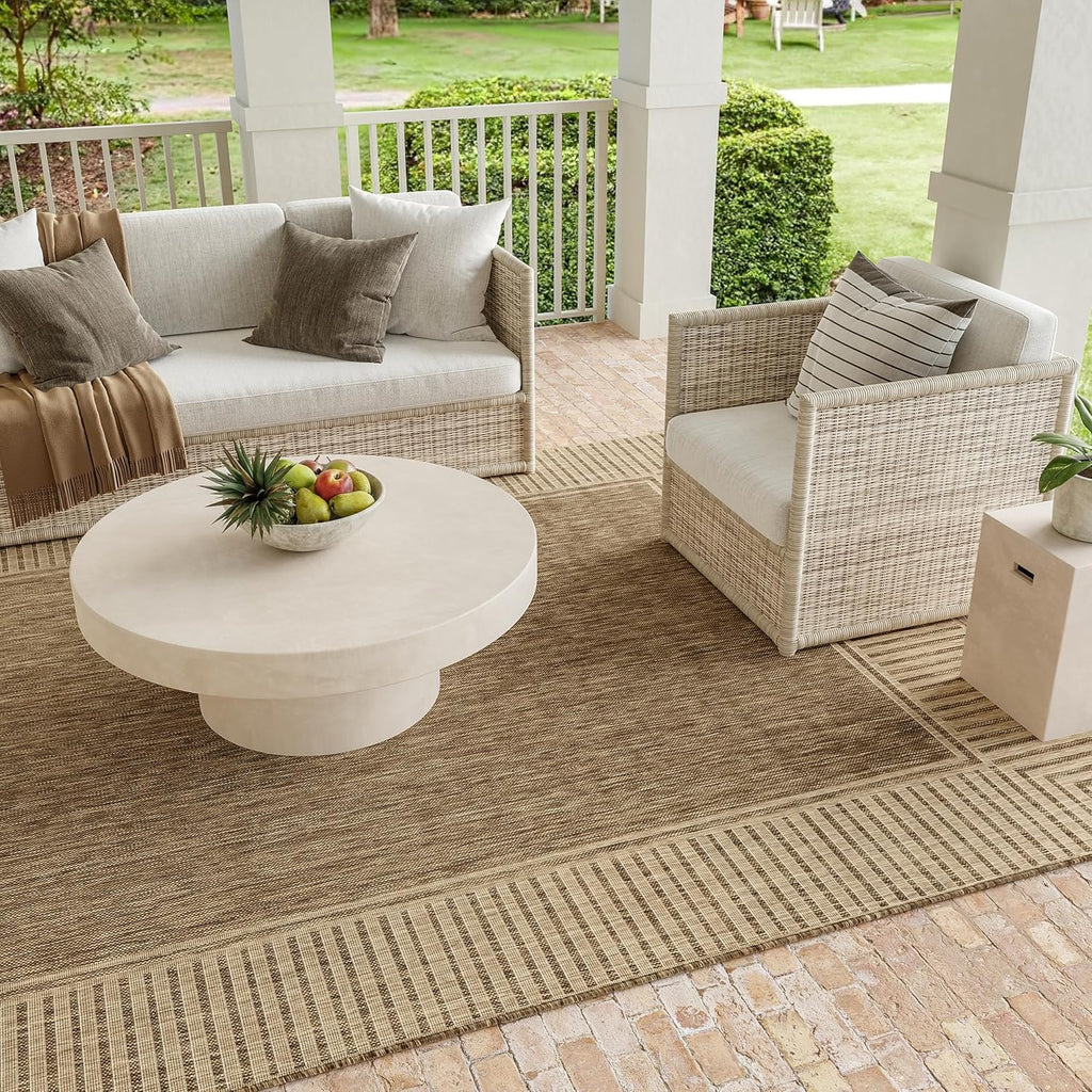 Nuloom Asha Light Brown/Ivory, 9'6" x 12', Casual, Striped Border, Soft and Cozy, High Traffic, Stain Resistant, Easy Clean, Durable Area Rug for Indoor/Outdoor Patio, Deck, Porch, Garden, Courtyard