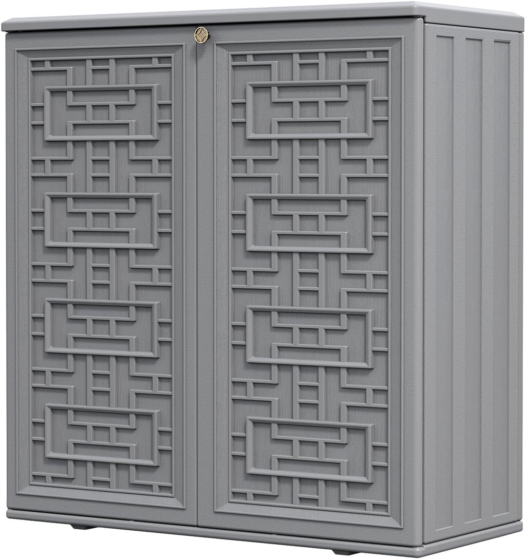 HOMSPARK Indoor/Outdoor Storage Cabinet with Doors and Shelf, 34”x15”x36” HDPE Plastic Storage Box Waterproof for Patio, Garden, Balcony, Multi-Purpose for Daily Tools, Grey