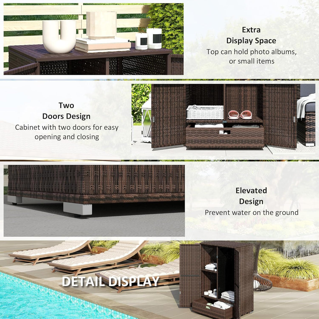 Outsunny Wicker Outdoor Storage Cabinet with Shelves, 2-Door Rattan Pool Towel Storage Cabinet with Removable Shelf & Drawer, Outdoor Towel Holder for Garden, Backyard, Porch, Mixed Brown