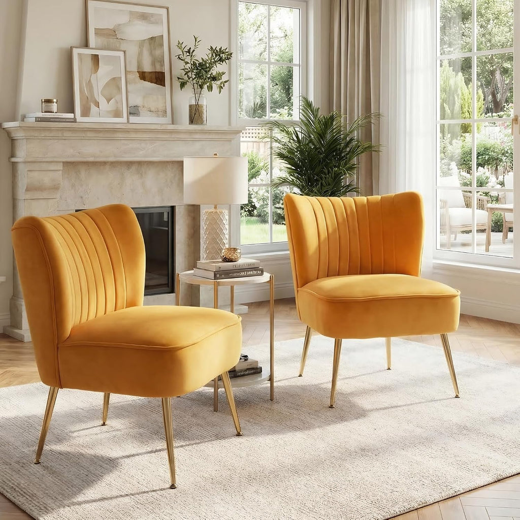 DUOMAY Modern Accent Chair Set of 2 Velvet Slipper Chair with Gold Legs Wingback Side Chair for Living Room Bedroom Entryway Small Corner Chair for Space Saving, Yellow