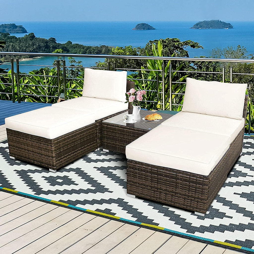 HAPPYGRILL 5 Pieces Chaise Lounge Set with Ottoman & Coffee Table Outdoor Rattan Wicker Lounge Chair Daybed Conversation Sofa Set with Cushions for Garden Balcony Poolside Backyard