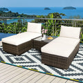 HAPPYGRILL 5 Pieces Chaise Lounge Set with Ottoman & Coffee Table Outdoor Rattan Wicker Lounge Chair Daybed Conversation Sofa Set with Cushions for Garden Balcony Poolside Backyard