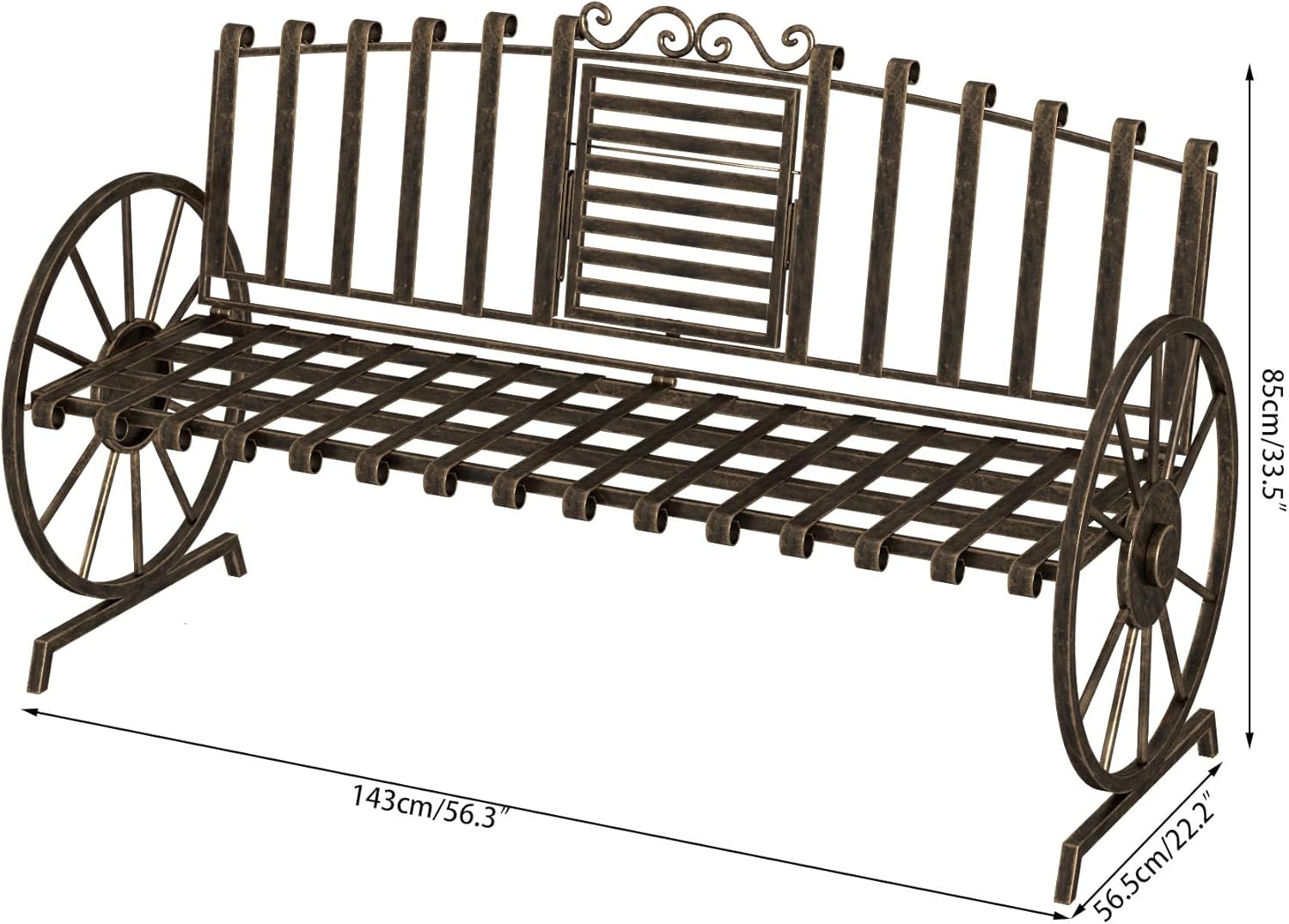 Outdoor Bench Patio Outdoor Garden Bench with Built-in Table, Wagon Wheel Arms, 3 People Outdoor Bench Garden Bench Front Porch Furniture Patio Lawn Yard Park (Bronze)
