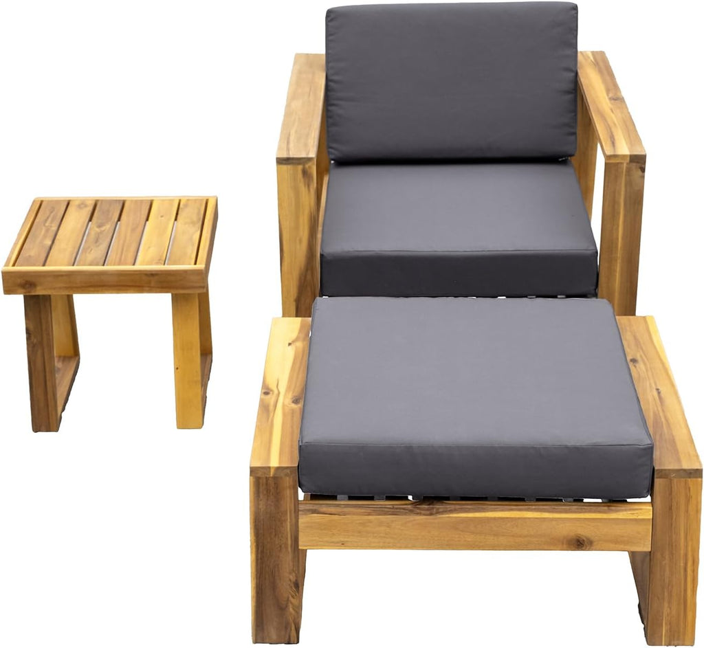 Merax 3 Piece Patio Furniture Set,Acacia Wood Outdoor Lounge Set,Chair & Ottoman and Table, Perfect for Patios, Balconies,and Gardens,Natural+Grey