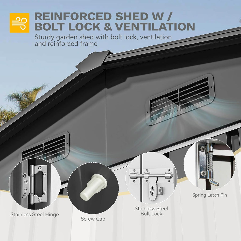 DWVO 10x8FT Outdoor Storage Shed, Spacious Metal Tool Shed with Lockable Doors & Ventilation for Patio, Lawn, and Backyard, Ideal for Storing Garden Equipment, Lawnmowers, and Bicycles, Dark Gray