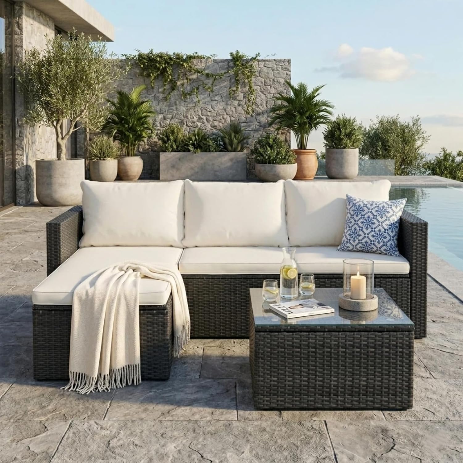 JAMFLY Patio Furniture Sets, 4-Piece Outdoor Patio Furniture with 43'' Propane Gas Fire Pit Table, Wicker Outdoor Conversation Set Sectional Sofa for Backyard, Poolside, Garden(Beige Cushion)