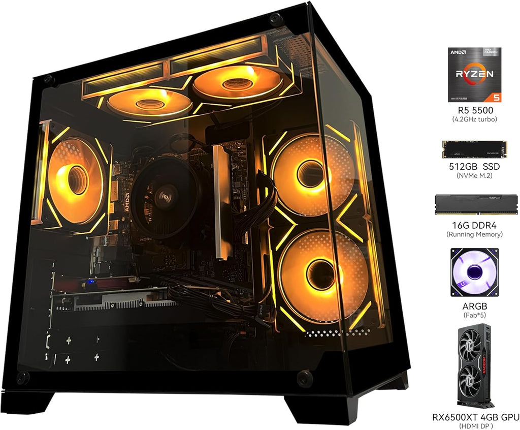 Gaming PC Desktop Computer, AMD Ryzen 5 5500, RX6500XT 4GB Graphics, 16GB DDR4 RAM, 512GB NVMe SSD, ARGB Fans, Game Design Office