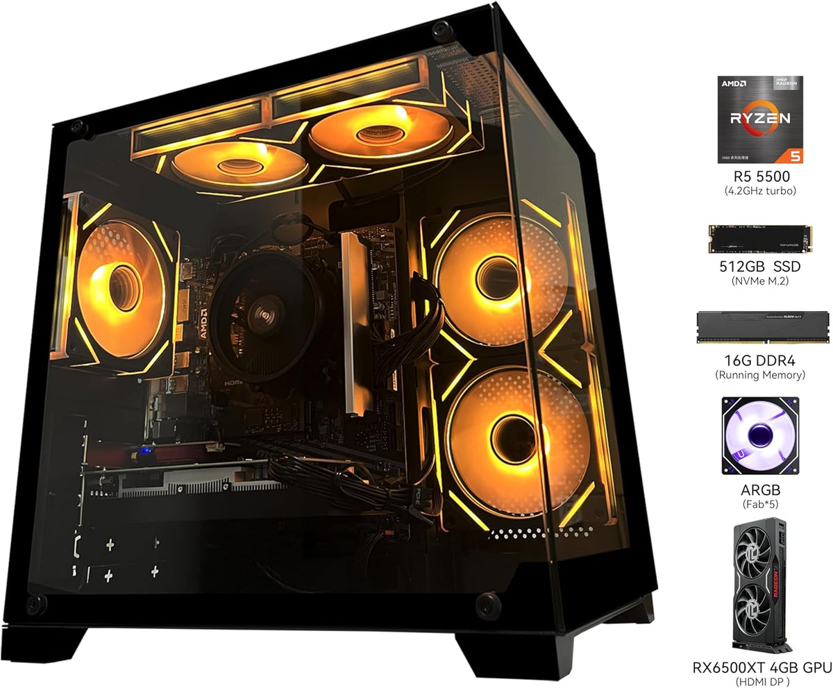 Gaming PC Desktop Computer, AMD Ryzen 5 5500, RX6500XT 4GB Graphics, 16GB DDR4 RAM, 512GB NVMe SSD, ARGB Fans, Game Design Office