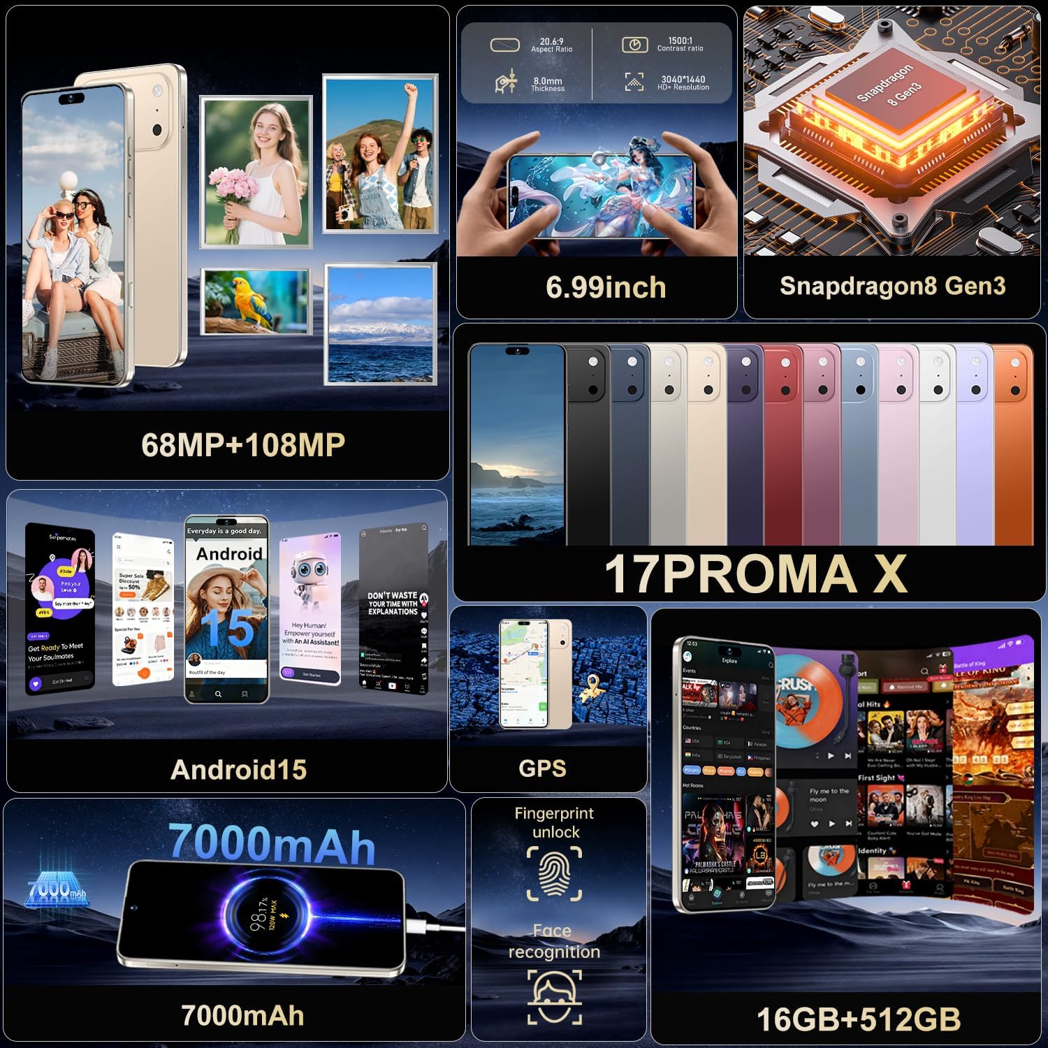 Ecshock 17PM Unlocked Phone | Cell Phone Android 15.0 | 16+512GB Smartphone| 6.99" HD Display | Long Battery Life 7000mAh | 68+108MP Zoom Camera| Fingerprint Lock | with Dual SIM (Gold)