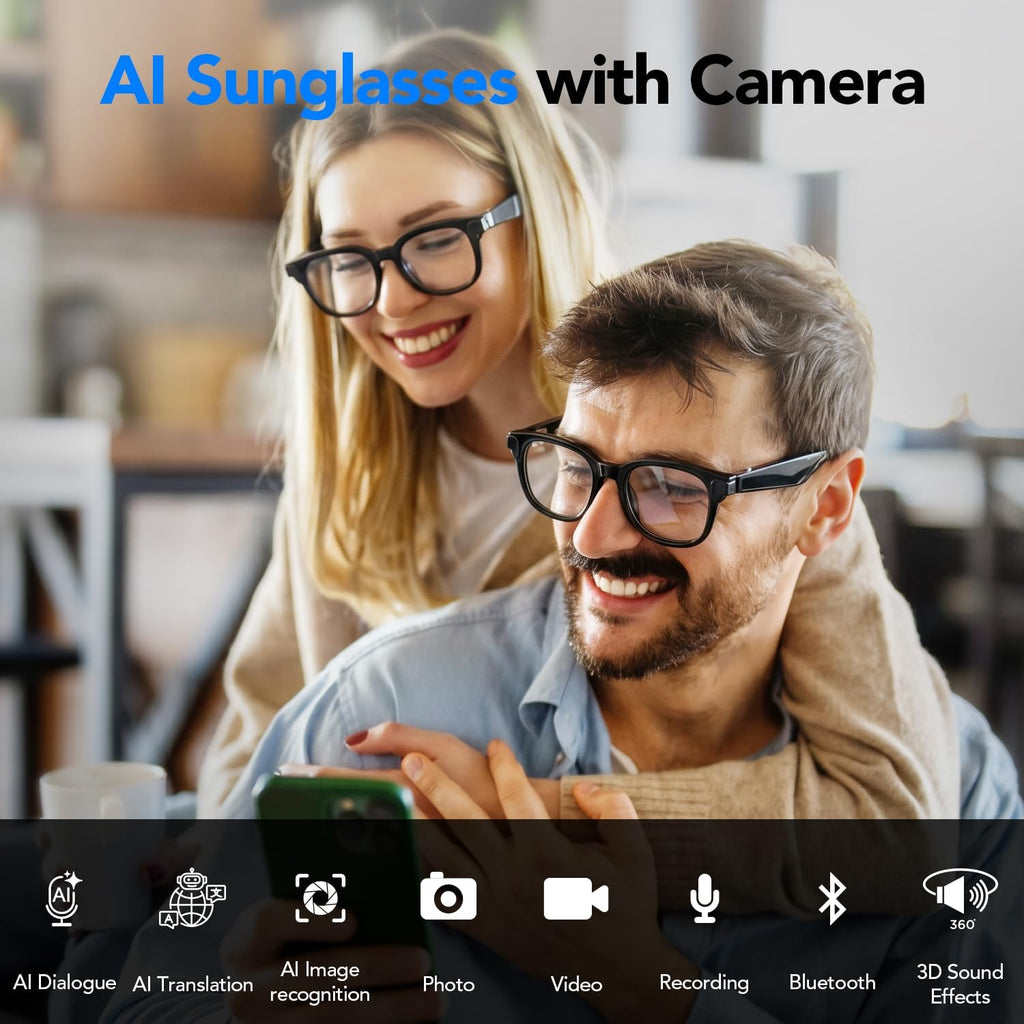 King Will AI Smart Bluetooth Glasses with 8MP Wide Angle Camera, Magnetic Flip Privacy Cover, Flexible 90° Bendable Spring Hinge, 1200P Anti-Shock Video Recording for Business Casual, Clear Lens