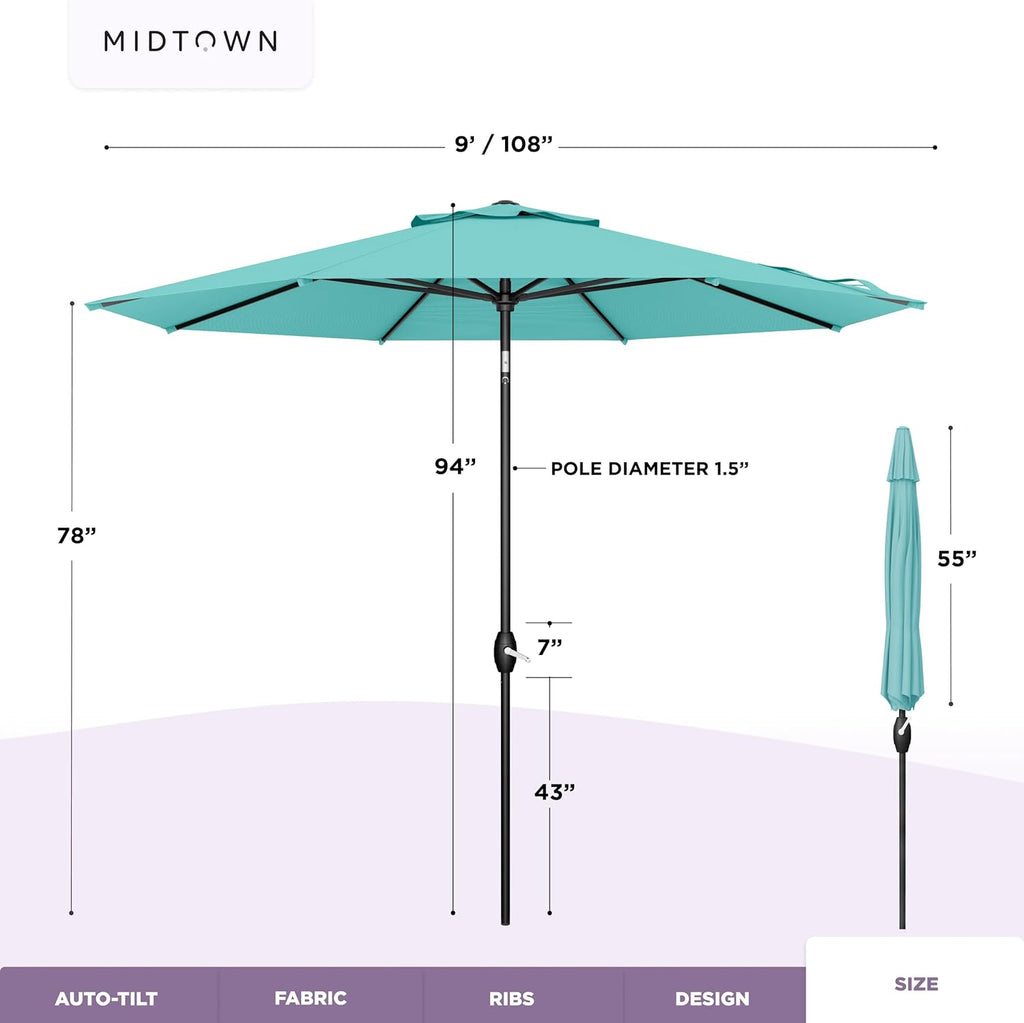 Midtown Umbrellas - The Lean 9 Ft Patio Umbrella with Fade-Resistant Sunbrella Fabric, Auto-Tilt Aluminum Frame and 8 Reinforced Ribs for Deck, Pool & Garden - Aruba Canopy, Black Pole