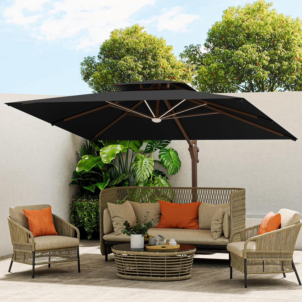 10 X 13 FT Cantilever Outdoor Patio Umbrella with LED Lights Large Heavy Duty 360° Rotation Double Top Offset Rectangular Umbrellas for Backyard Garden Pool Outside Deck, Black