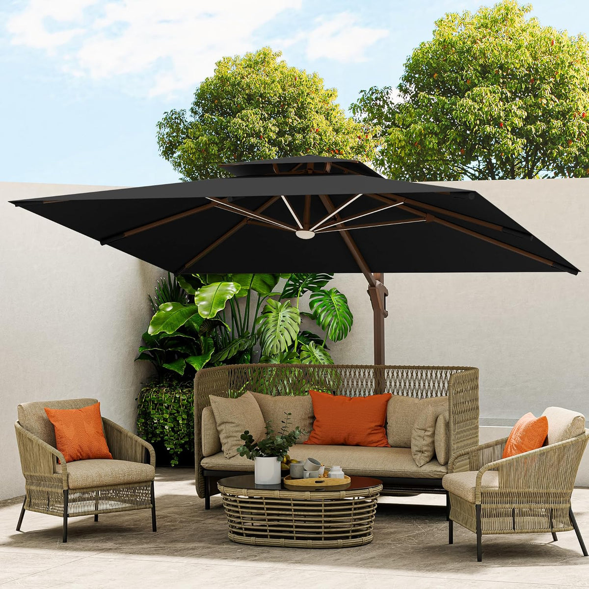 10 X 13 FT Cantilever Outdoor Patio Umbrella with LED Lights Large Heavy Duty 360° Rotation Double Top Offset Rectangular Umbrellas for Backyard Garden Pool Outside Deck, Black