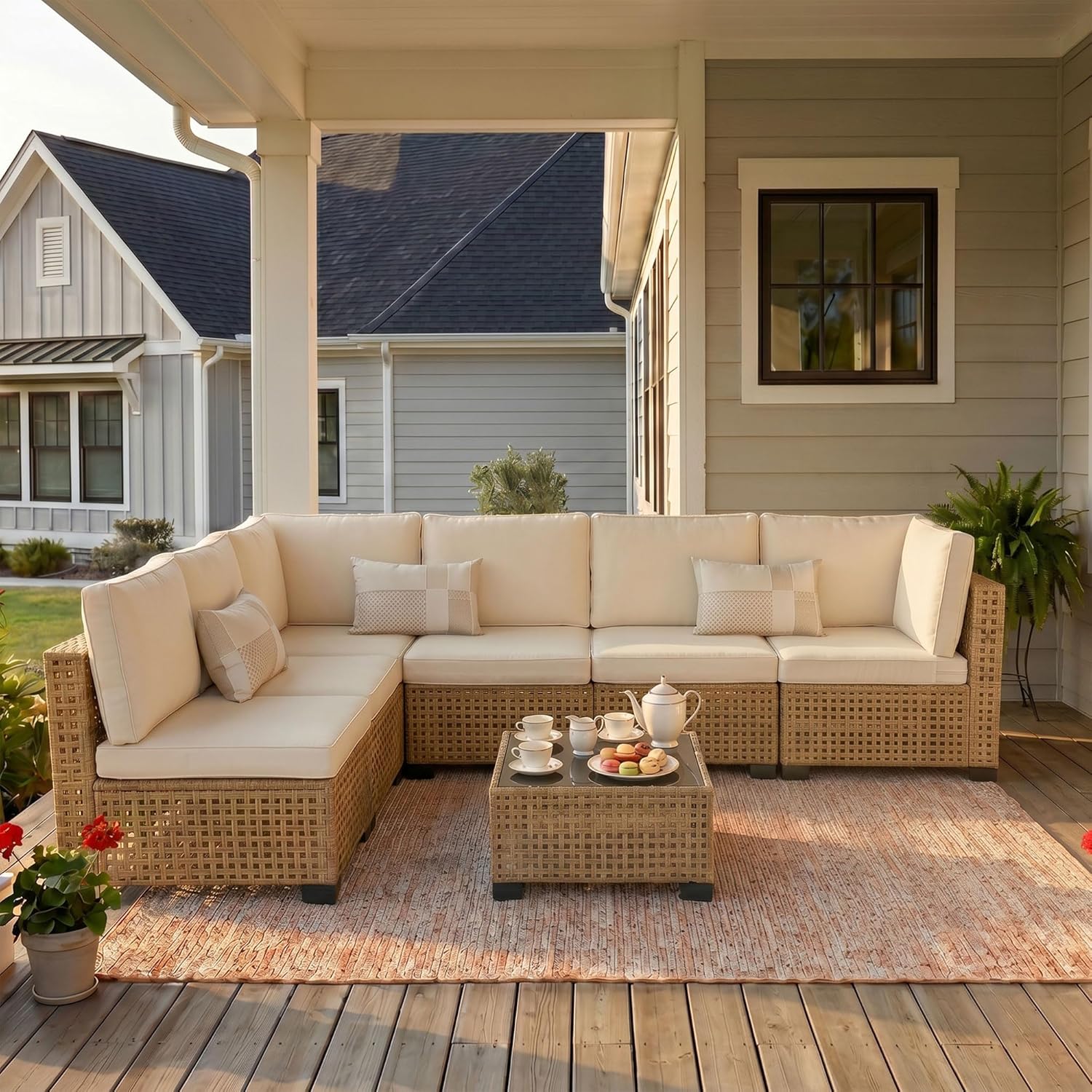 KIGOTY 7-Piece Patio Furniture Set, All-Weather PE Rattan Outdoor Sectional Sofa, Modular Wicker Conversation Set with Thick Cushions & Easy-Clean Coffee Table（Yellow/White）