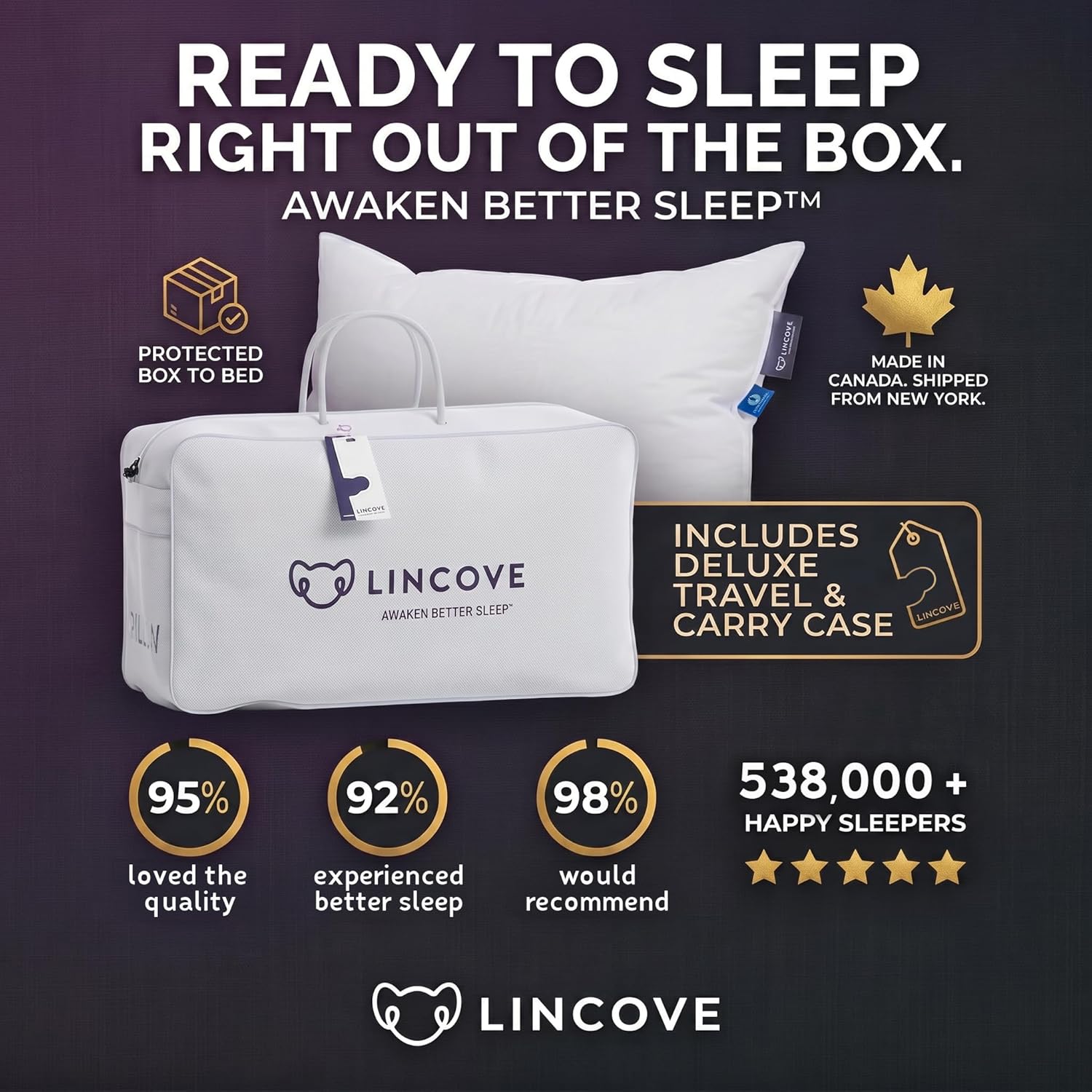 Lincove Signature 100% Natural Canadian White Down Luxury Sleeping Pillow - 800 Fill Power, 500 Thread Count Cotton Shell, Made in Canada, Queen - Medium, 2 Pack