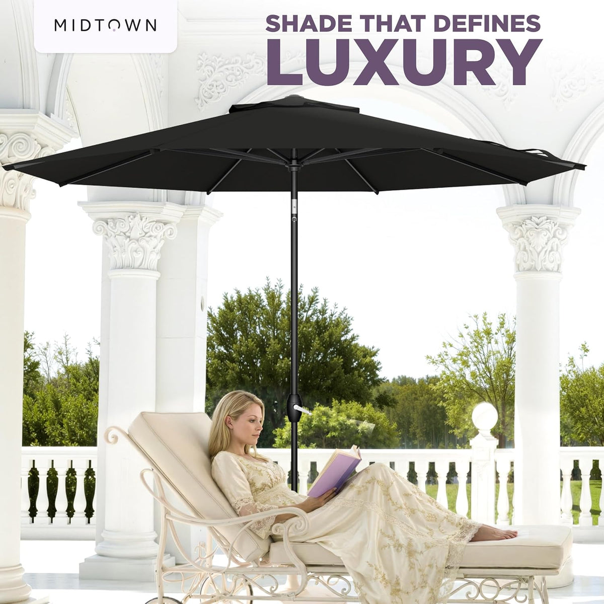 Midtown Umbrellas - The Lean 9 Ft Patio Umbrella with Fade-Resistant Sunbrella Fabric, Auto-Tilt Aluminum Frame and 8 Reinforced Ribs for Deck, Pool & Garden - Black Canopy, Black Pole