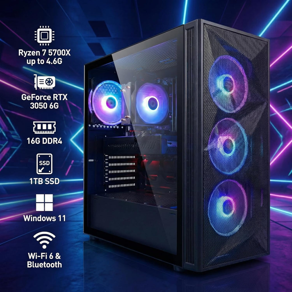 STGAubron Gaming PC Desktop Computer, AMD Ryzen 7 5700X up to 4.6G, GeForce RTX 3050 6G, 16GB DDR4, 1TB SSD, WiFi 6 & BT 5.2, RGB Fan x4, Windows 11 Home