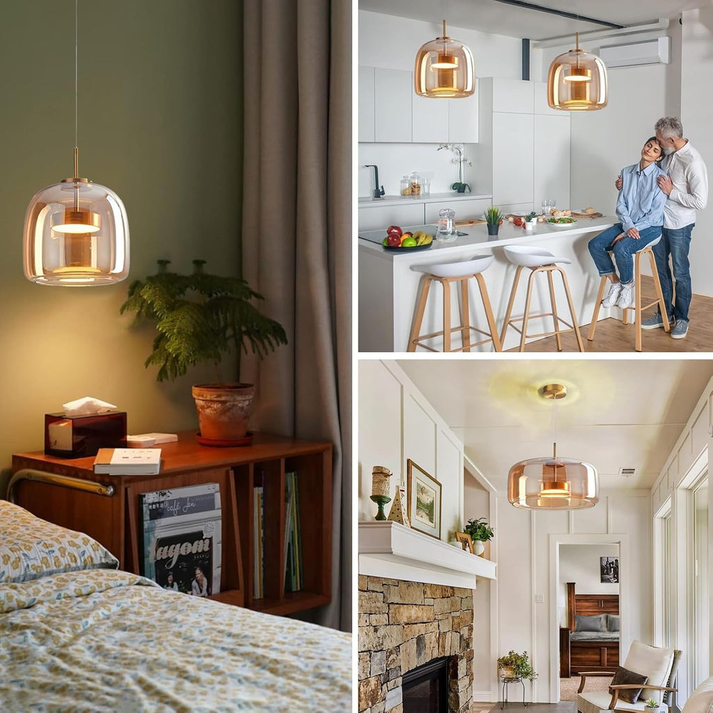 Amber Glass Chandelier Round Pendant Light for Kitchen Island Modern Amber Glass Lampshade with Hanging Lights for Dining Room Living Room Bedroom Coffee Shop Aisle Corridor (B Style)