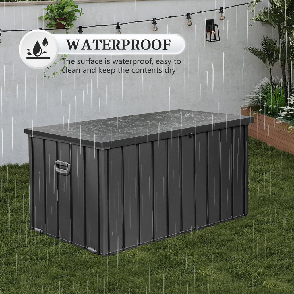Dom 200 Gallon Deck Box, Metal Outdoor Storage Box with Lock Wheels Side Handles, Waterproof Outside Storage Box for Patio Cushions, Shoes