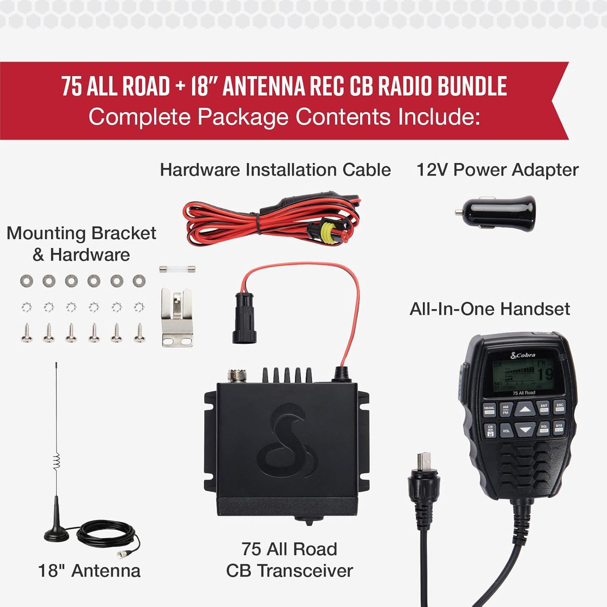 Cobra 75 All Road Wireless CB Radio, Black & HG A1000 18.5 inch Magnetic Mount CB Antenna – Heavy Duty Magnet, for use in Cars, SUVS Recreational Vehicles 100 Watt Power Handling Capability, Black