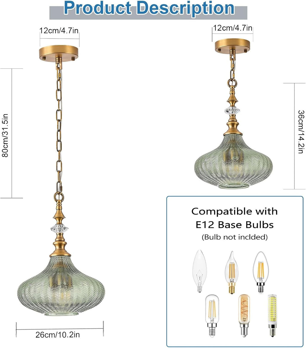 3-Light Chandelier,Vintage Gold Farmhouse Pendant Light Fixture for Kitchen,Adjustable Hanging Lighting with Green Glass Shade for Hallway Bedroom Entryway Dining Room Island