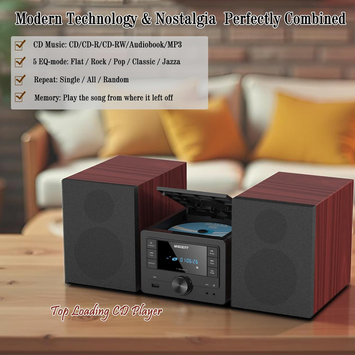 WISCENT Bluetooth Stereo System 40W for Home, CD Player with Wireless Streaming, MP3/USB/Audio in/FM Radio, Powerful Home Audio Sound System