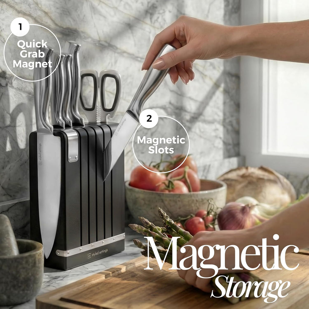 German Stainless Steel Kitchen Knife Block Set with Built-in Sharpener - 2-in-one Space Saving Magnetic Countertop and Knife Drawer Organizer with Stainless Steel Knives, Ideal Gift