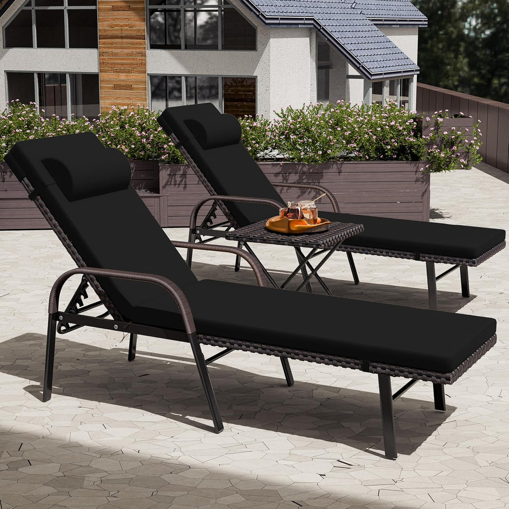 Patio Chaise Lounge Set 3 Pieces Outdoor Lounge Chair with Rattan Adjustable Backrest Armrest and Folding Table for Beach Patio,Sand, for Poolside Backyard Porch