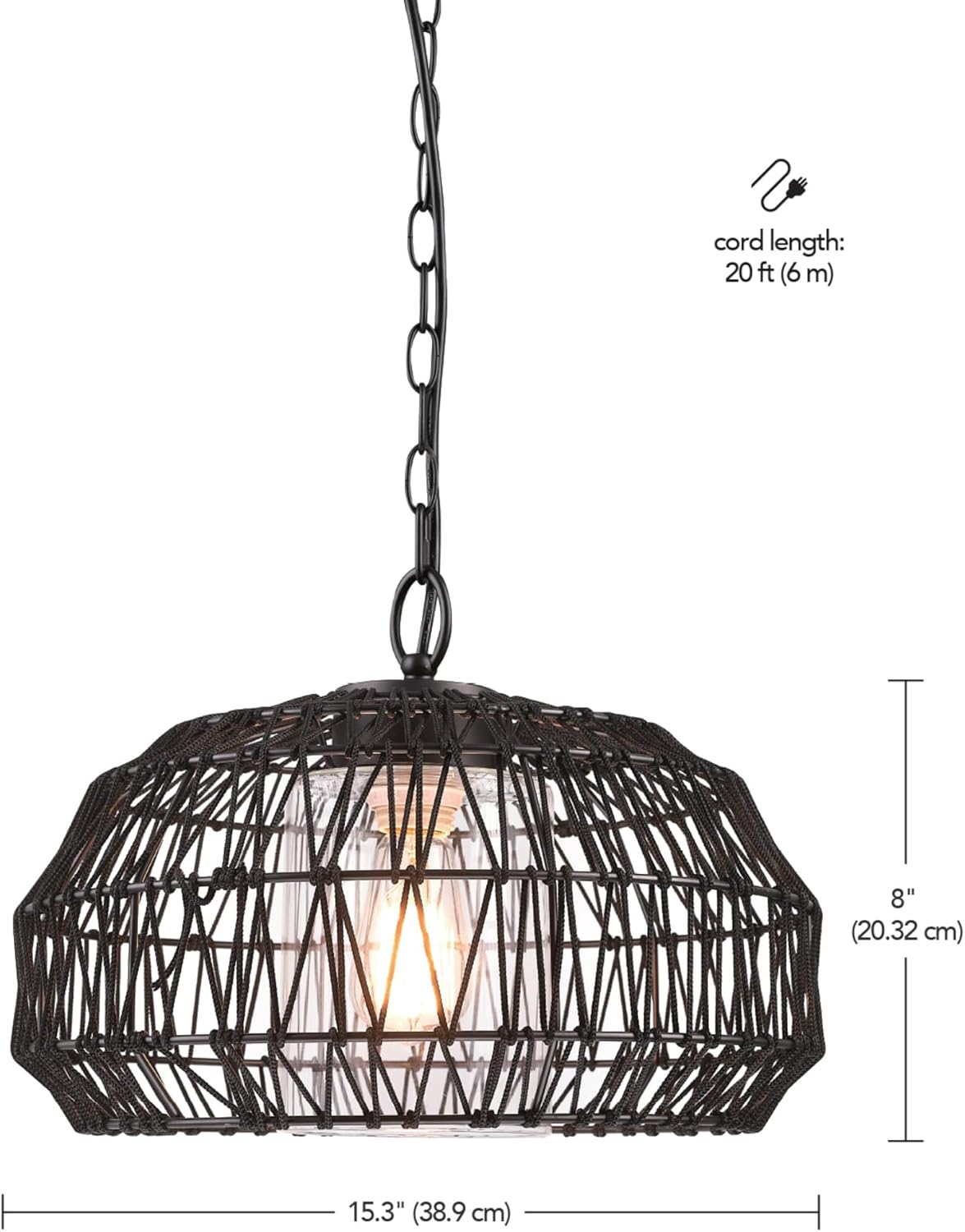 Globe Electric 44759 1-Light Outdoor/Indoor Plug-in Pendant Light, Black Woven Fabric Shade, Matte Black Finish, 20-Foot Designer Cord, Weather Resistant