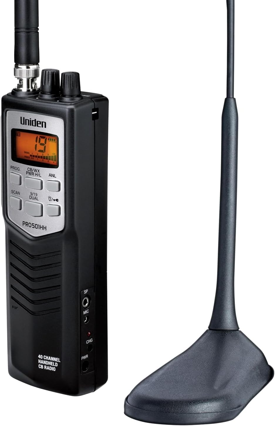 Uniden PRO501TK Pro-Series 40-Channel Portable Handheld CB Radio, Two-Way Emergency Radio, includes High-Gain Magnet Mount Antenna, Auto Noise Limiter, NOAA Weather, and Full Channel Scan