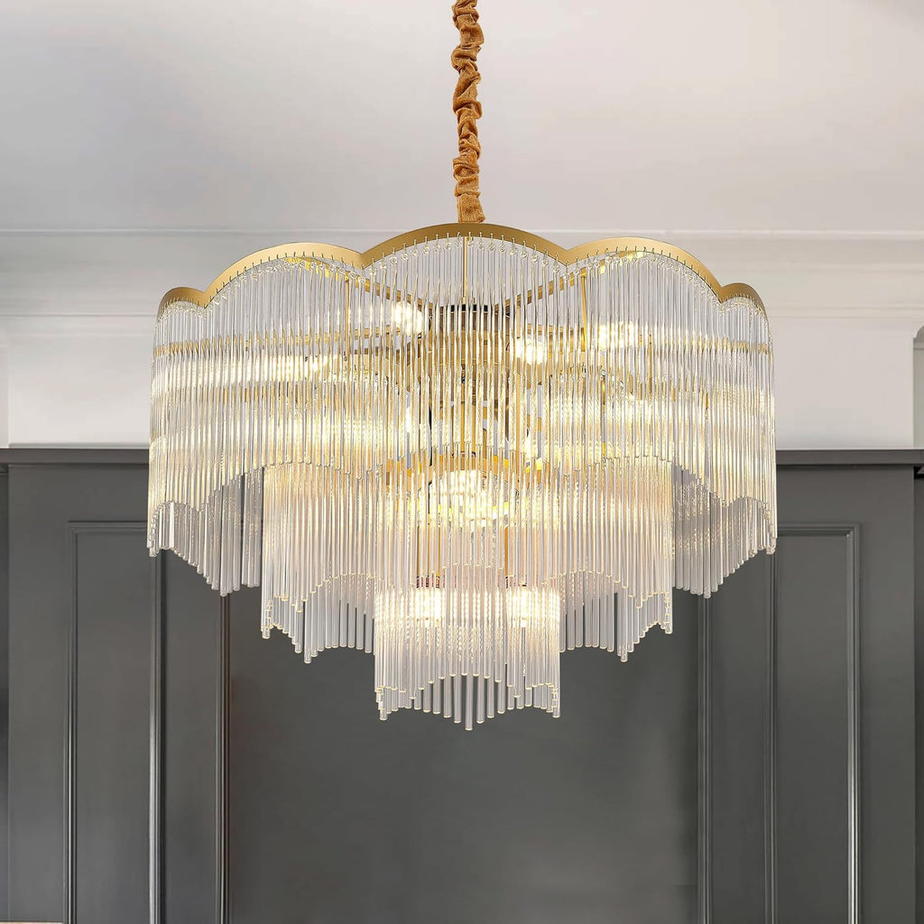 27.75" Gold Clear Glass Crystal Chandelier 14-Light Modern Crystal Pendant Ceiling Light Fixture 4-Tier Luxury Glass Chandeliers,for Dining Room Kitchen Island Living Room Bedroom