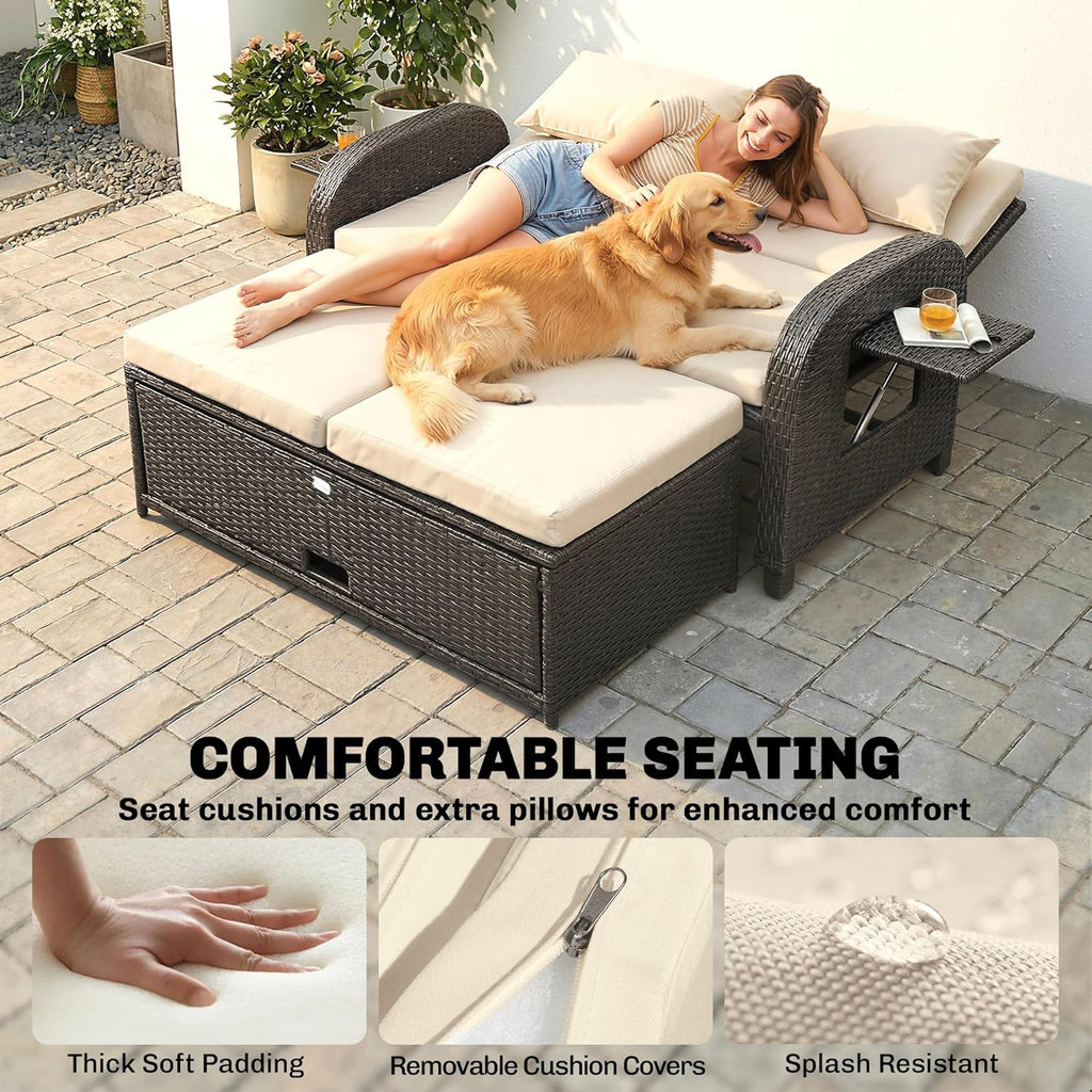 Outsunny Patio Rattan Daybed, Wicker Outdoor Daybed with Storage Ottoman, Loveseat Sofa with Adjustable Backrest, Side Tables, Cushions, Headrests, Double Sunbed Lounger for Balcony, Beige