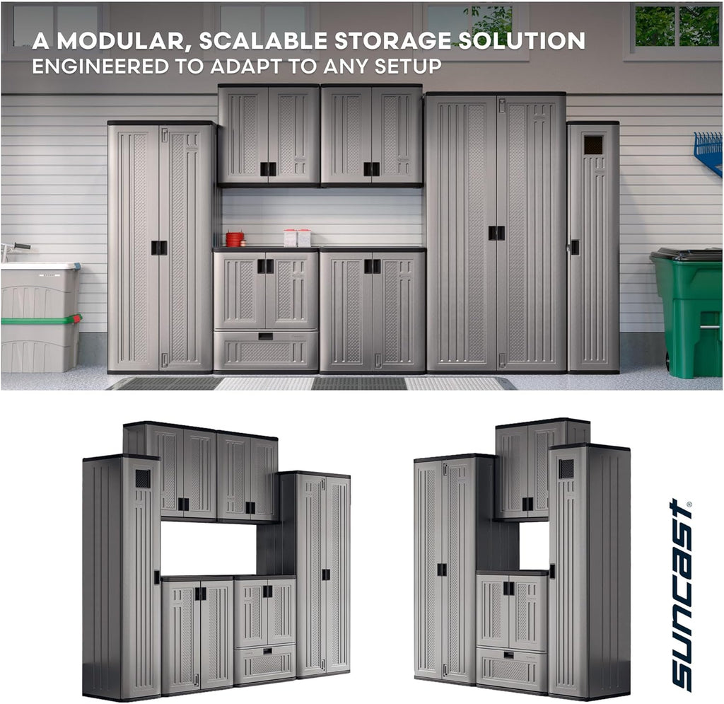 Suncast Tall Storage Cabinet for Garage Organization - 72" Freestanding Utility Closet with Shelving for Garden Supplies, Paint Cans & Outdoor Tools, Multi-Wall Resin Construction, Platinum