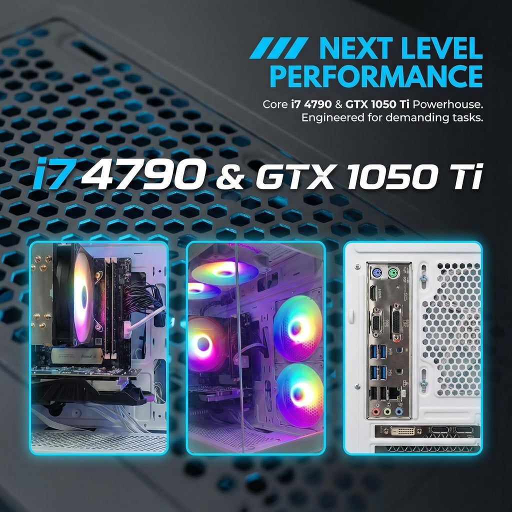 Budget Gaming PC Computers Desktop, Intel Core i7 up to 4.0GHz, GTX 1050 Ti 4GB, 16GB RAM, 512GB M.2 SSD, BX3 550W 80PLUS Bronze PSU, WiFi 5, RGB Fan x5, Windows 11 Home, prebuilt PC Gaming, White