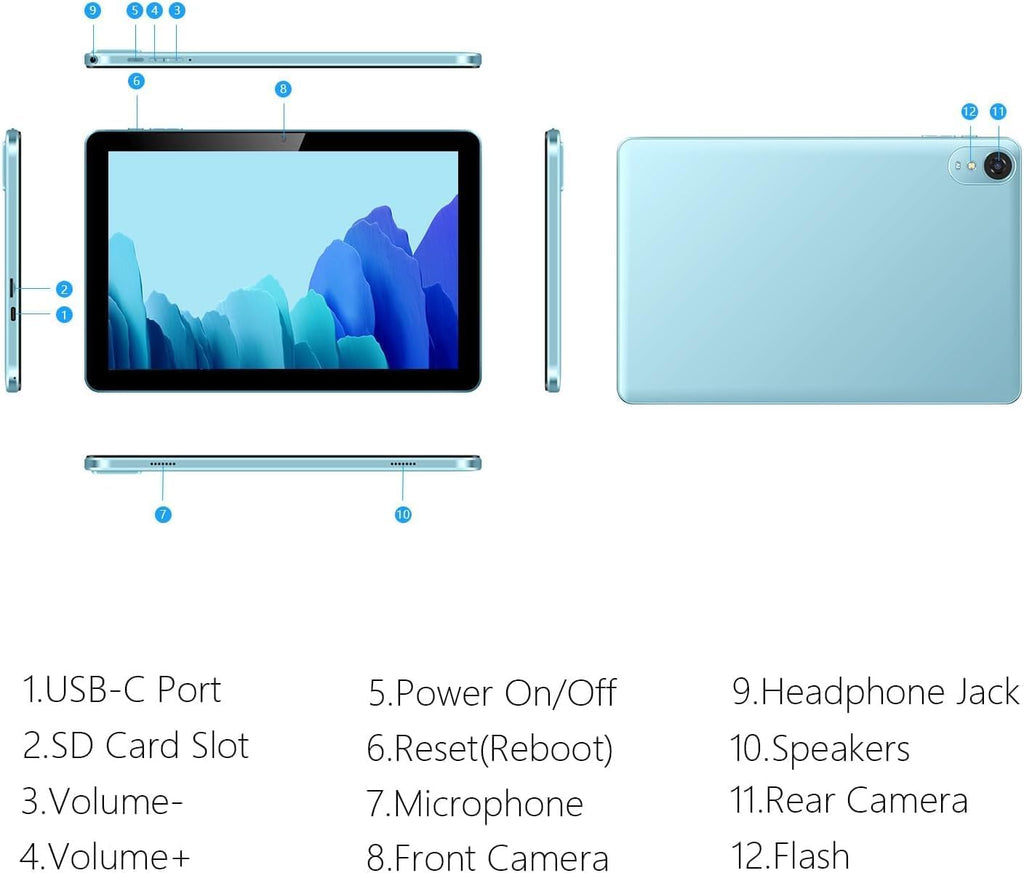 ECOPAD 10.1 Inch Tablet, Android 15 Tablets 12GB(4+8) RAM / 64GB ROM / 1TB SD Card Expansion, 1280x800 IPS HD Touchscreen, 6000mAh Battery, Bluetooth 5.0, Dual Cameras, GMS, Dual Band WiFi, Blue