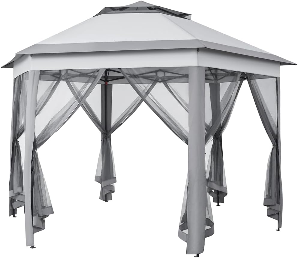 Yaheetech 13x13 Pop up Gazebo, Hexagonal Outdoor Canopy Shelter, Instant Patio Gazebo Sun Shade Canopy Tent with Double Tiers & Mesh Netting for Lawn, Garden, Backyard & Deck, Gray