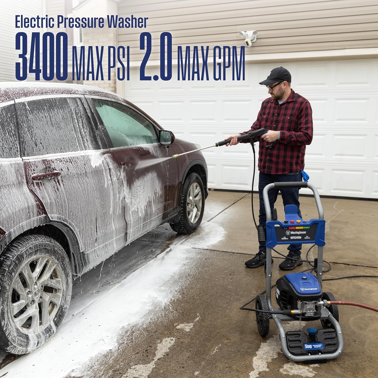 Westinghouse WPX3400e Electric Pressure Washer, 3400 Max PSI and 2.0 Max GPM, Brushless Motor, Onboard Soap Tank, Spray Gun and Wand, 5 Nozzle Set, for Cars/Fences/Driveways/Homes/Patios/Furniture