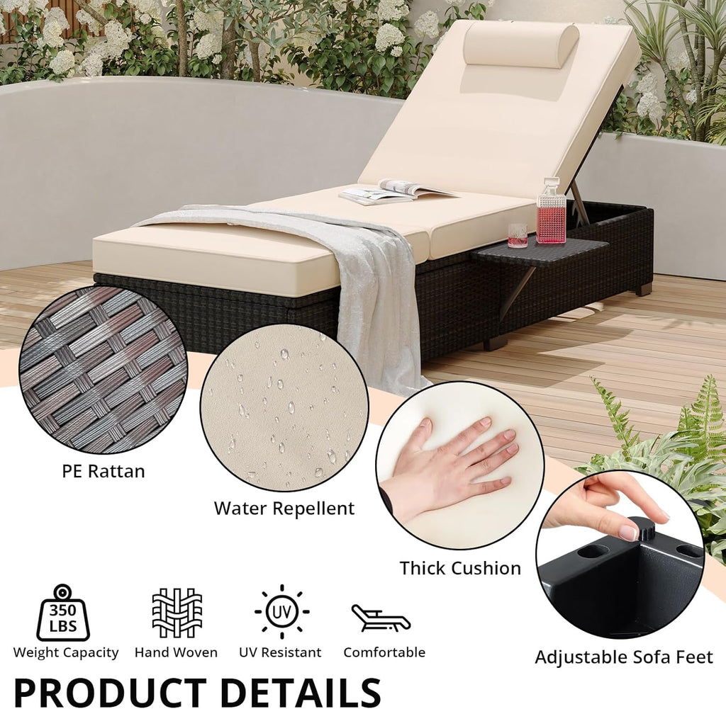 PeakPursuit Patio Lounge Chairs,Outdoor PE Wicker Chaise Lounge Set of 2,Chaise Lounge Chair Outdoor .Pool Furniture,Brown Rattan Recliners with Adjustable Backrest,Storage Table,Beige