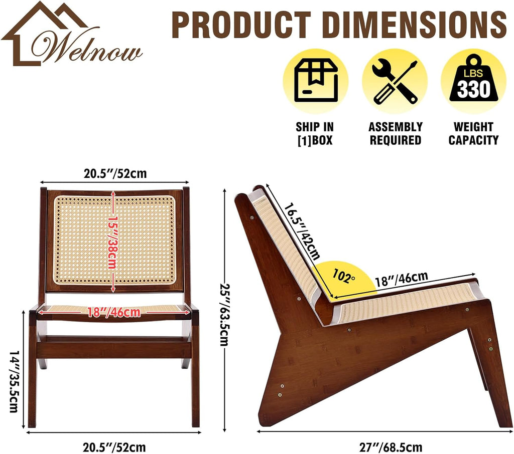 Welnow Mid Century Rattan Accent Chair, Bamboo Wood Lounge Chair with Woven Cane Backrest, Low Armchair for Living Room, Bedroom, Balcony or Reading Corner, Walnut