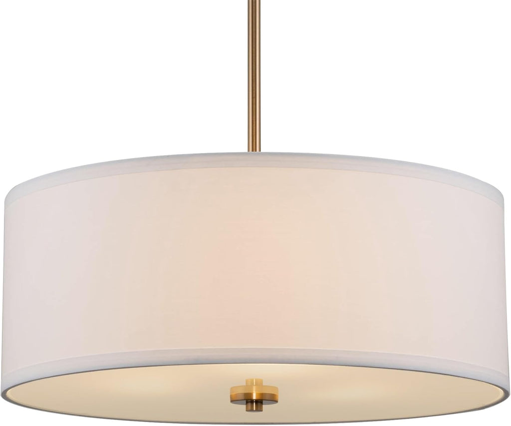 Kira Home Nolan 18" Modern Drum Chandelier with White Fabric Shade, 3-Light Gold Pendant Light with Tempered Glass Diffuser, Cool Brass Finish
